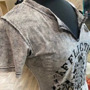 Cute Women's Black/Grey Reversible Affliction Tee, Size Large